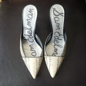 Size 7 Sam Edelman snake print pointed toe open back heels